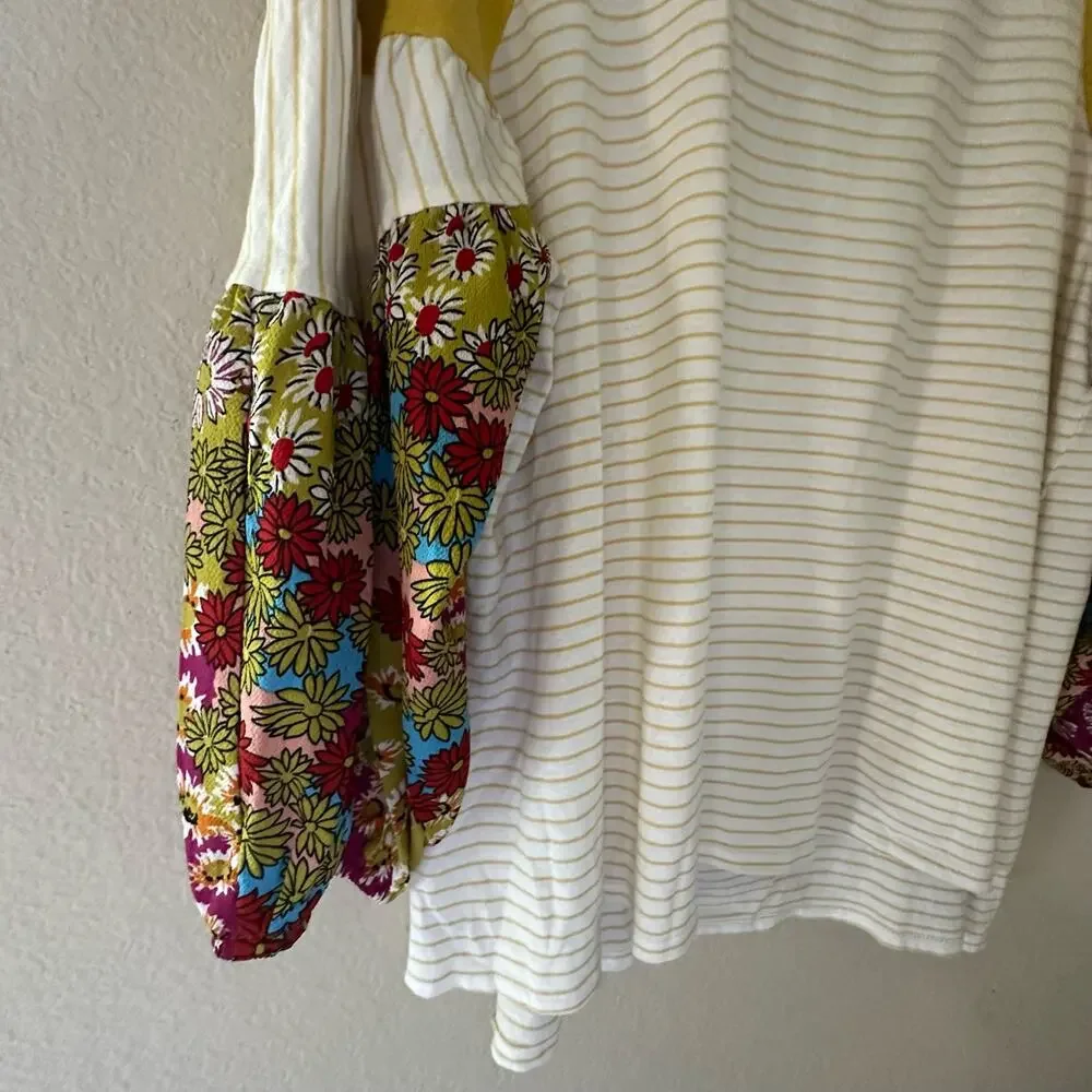 Umgee | Size L Yellow Striped Floral Sleeve Shirt Bubble Sleeve Boho Vintage